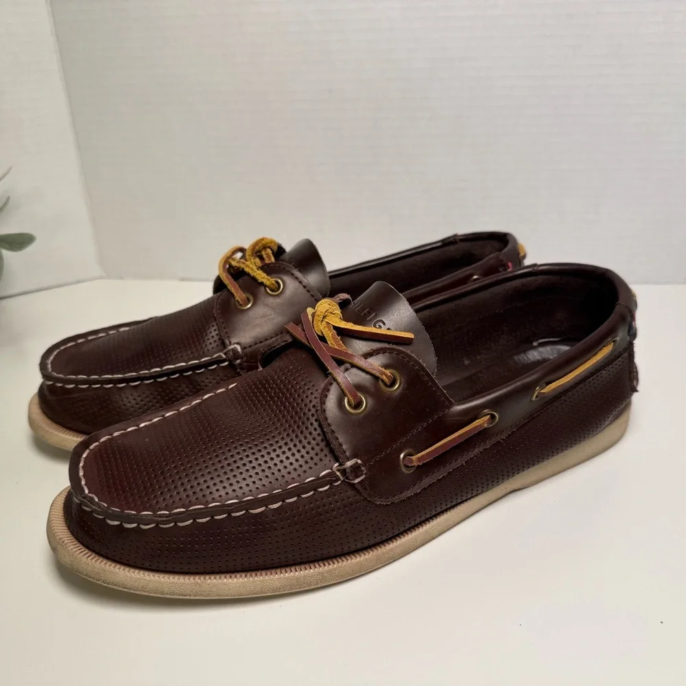 Tommy Hilfiger Bowman Apache Classic Boat Shoes Dark Brown Leather Mens Size 10